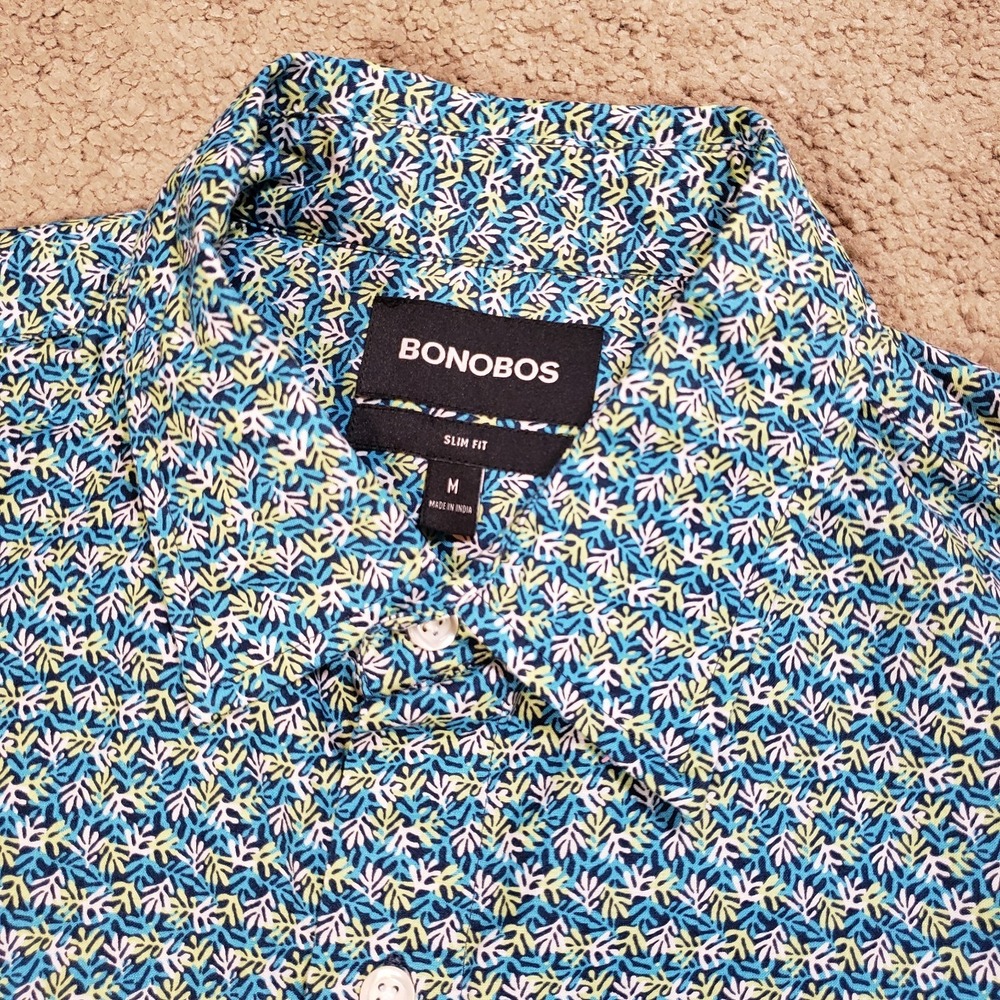 Bonobos Shirt Mens M Blue Slim Fit Floral Leaves Stretch Short Sleeve Button Up